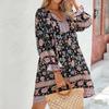 YYFS Women's Fashion Spring Fall Flower Pattern Print Long Sleeve V-Neck Loose Waistline Casual Dresses