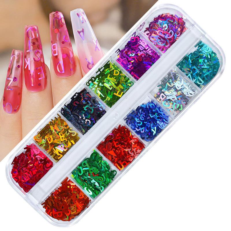 12 Colors/Set Nail Sticker Decor Sparkly Alphabet Small Laser Glitter Nail Sequin DIY Letter Nail Art Decorations Accessories