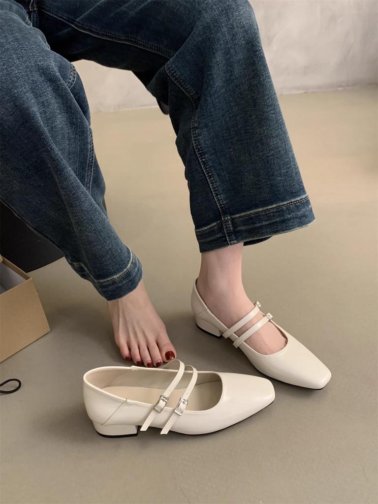 Giant soft and comfortable 2025 spring new double buckle strap square head thick heel Mary Jane shoes women's low heel light mouth single shoes