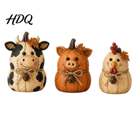 Handmade Felt Animal Figurines Rustic Farmhouse Ornaments Cute Cow/Pumpkin/Rooster Figurines Decorative Animals Fall Tabletop Decorations with Hemp