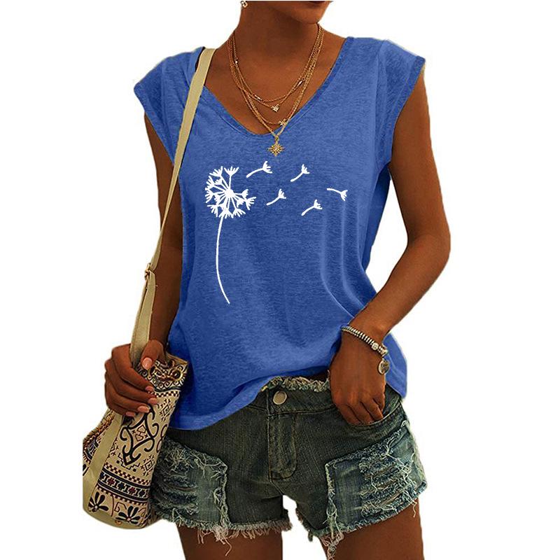2023 Trendy Women's V-neck Print Cap Sleeve Loose T-shirt Top