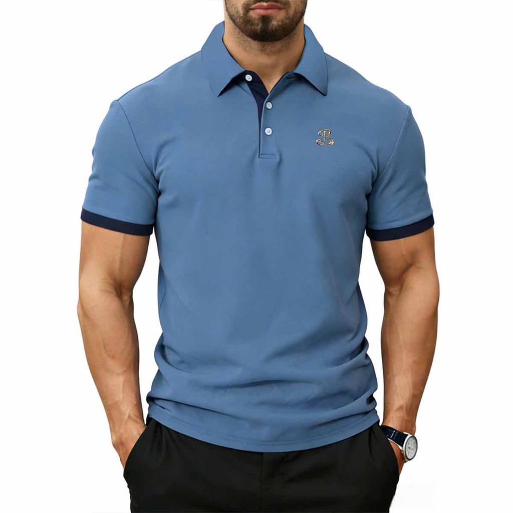 Herren Business Casual Kontrastfarbe B Logo Print Kurzarm Poloshirt