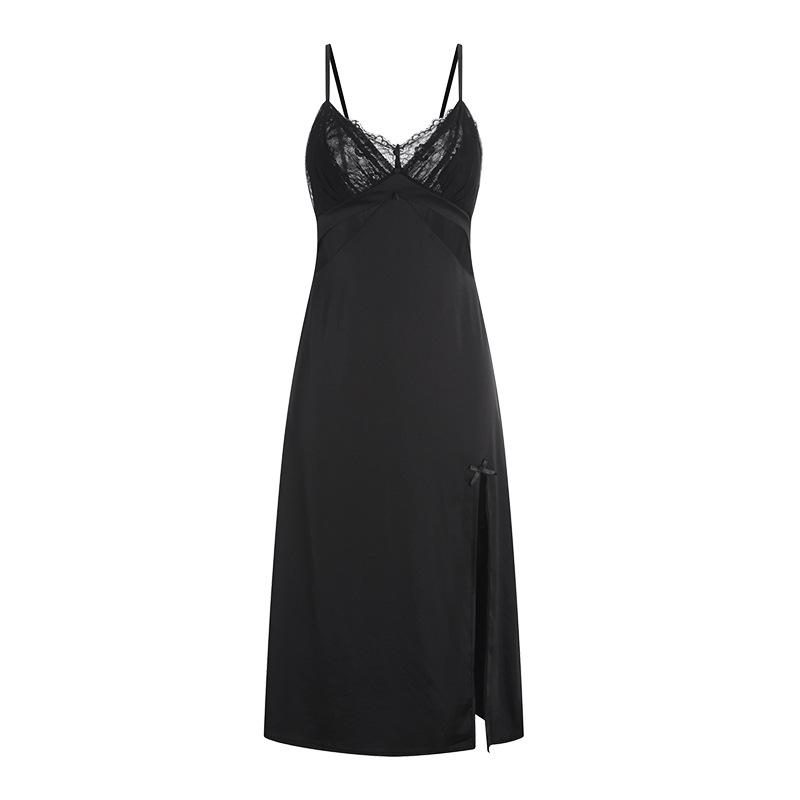 Women's Satin Lace Padded Slit Long Slim Sleep Dress Lounge Wear