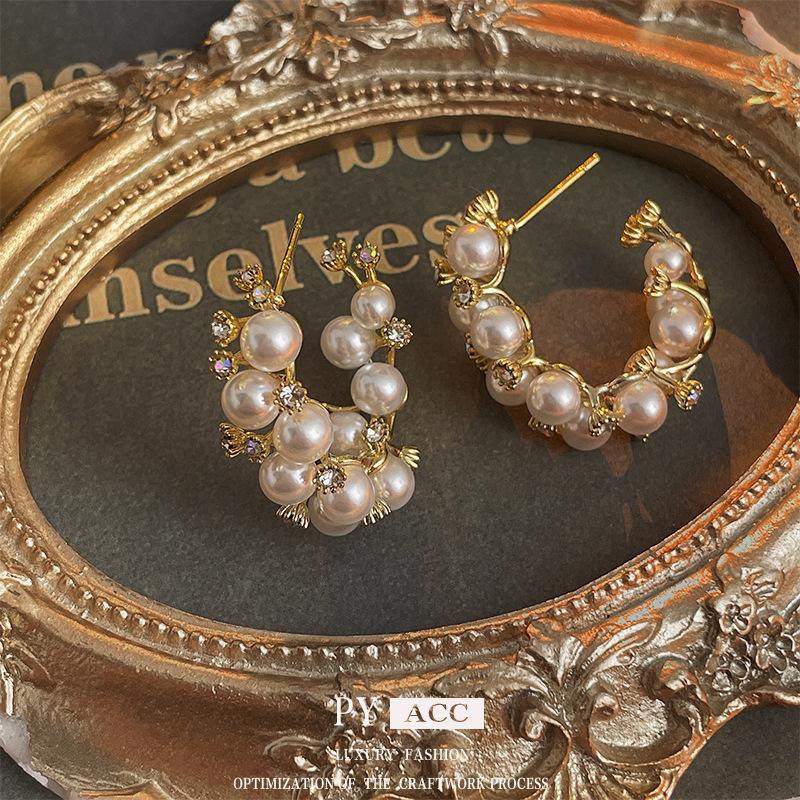 Silver Needle Diamond Pearl C-Shaped Earrings French Retro Premium Temperament Earrings Personality Light Luxury Earrings Women