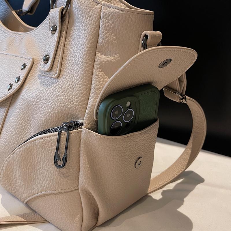 PU Shoulder Bag Women's Fashion Tote with Star Stud Detail and Dual Side Zip Pockets