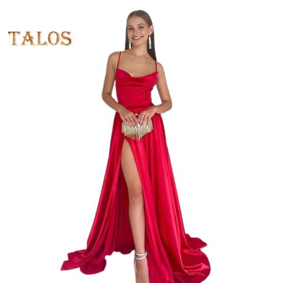 

Женское вечернее платье с глубоким вырезом, без воротника, без спинки, без рукавов, платье макси на тонких бретельках, облегающее, с высоким разрезом, однотонное атласное банкетное бальное платье L красный