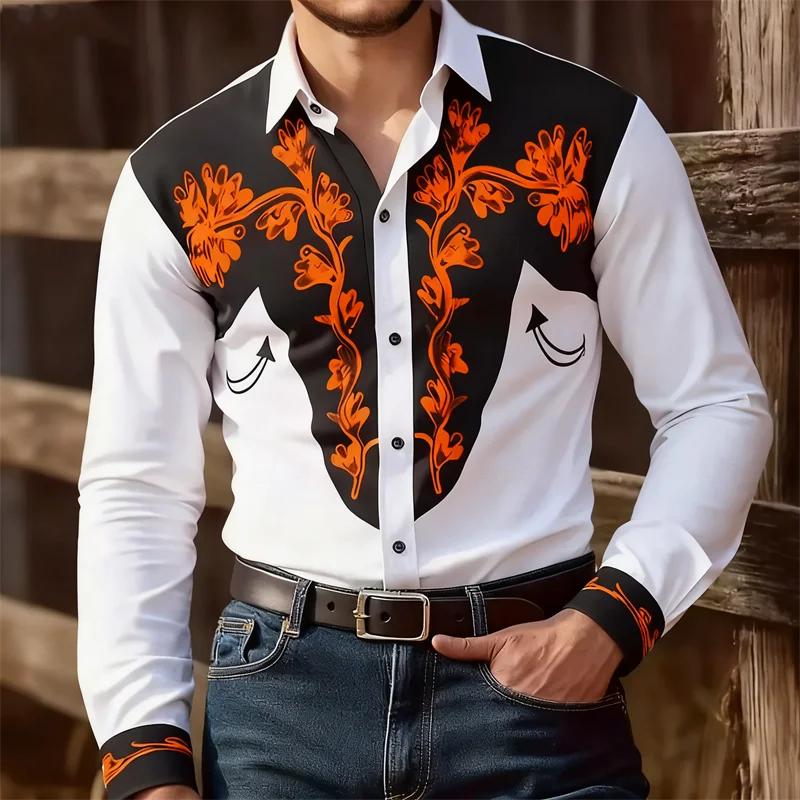 Western Style Long Sleeve Shirt with Golden Floral Embroidery, Trendy and Eye-catching