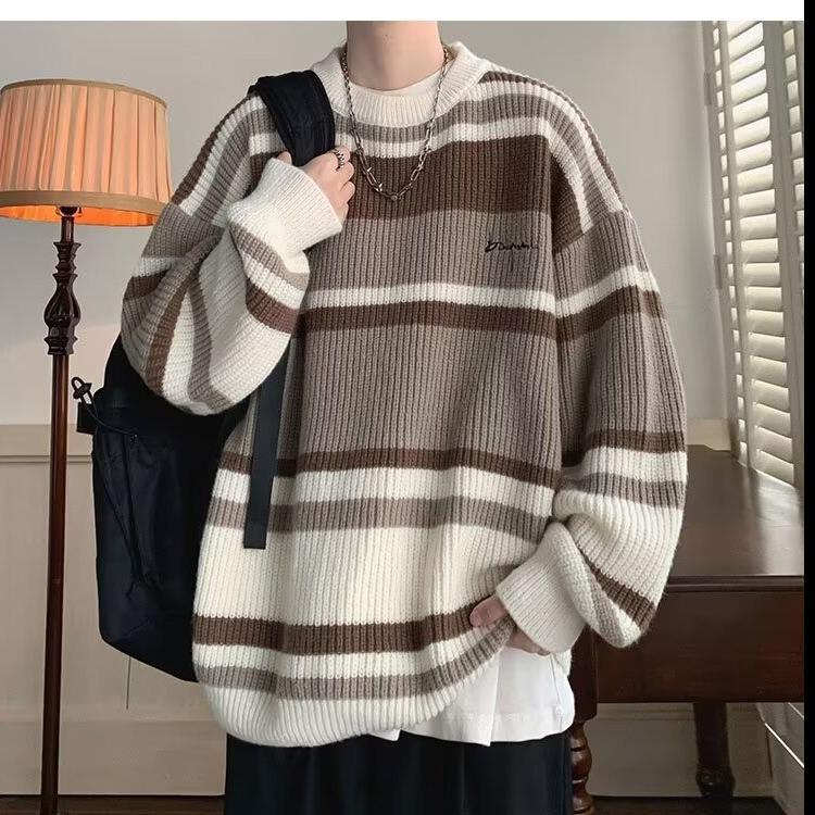 

Men s Japanese Retro Striped Contrast Color Thick Loose Knitted Sweater Jacket for Autumn and Winter L абрикосовий