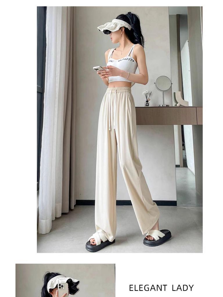 Women's Summer High Waist Ice Silk Wide-Leg Pants - 2025 New, Lightweight, Floor-Length, Loose, Slimming, Casual Straight Leg Design.