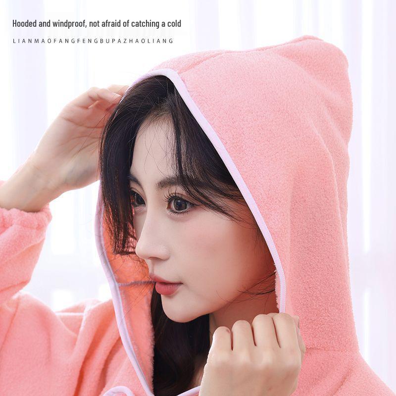 Dámský zimní nositelný župan s kapucí - princeznovský styl, s dlouhým rukávem, silná savá korálová fleecová koupelová sukně