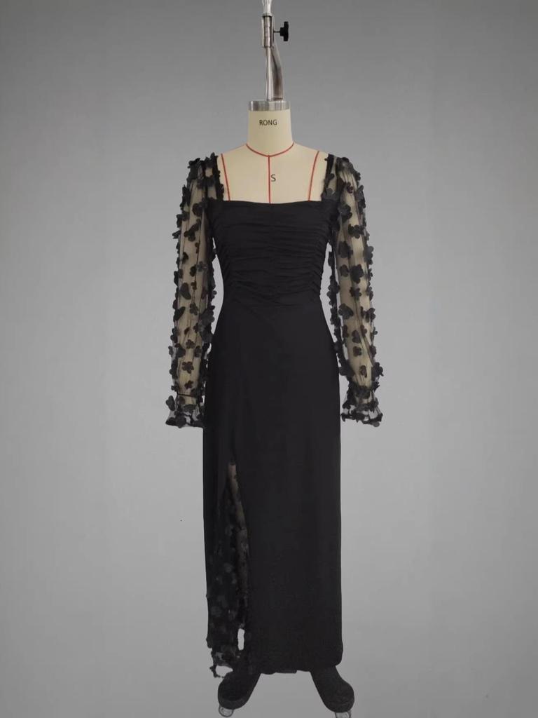 Cross-border Spring/Summer Mesh Long Sleeve Evening Gown with Waist-Cinching Slit and 3D Floral Design for Banquets