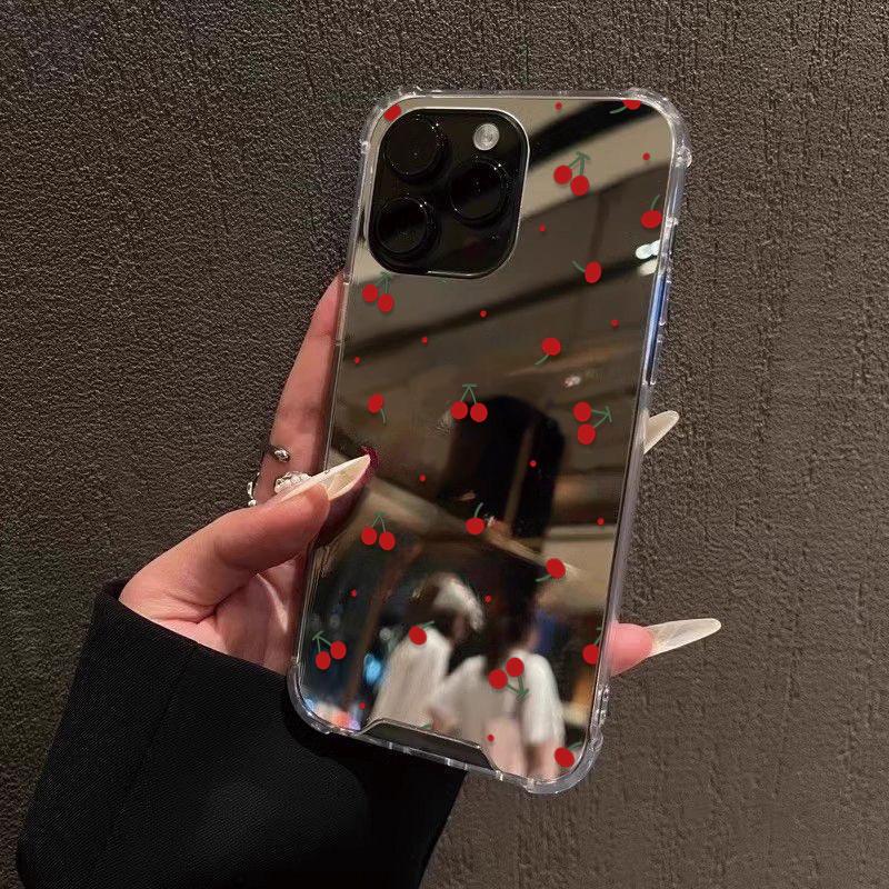 Cute Cherry Pattern Phone Case For Samsung Galaxy S25 S24 S23 S22 S21 Ultra Plus FE A06 A14 A23 A36 A52 A55 Make Up Mirror Cover