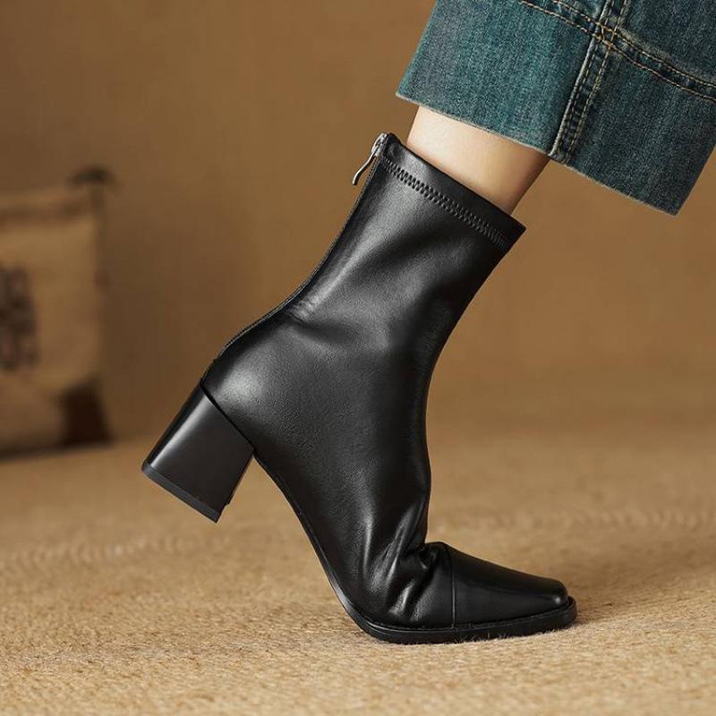 Versatile New Cowhide Knight Boots Women's Non-slip Large Size Medium Heel Autumn and Winter Leather Medium Boots Square Head Solid Color Women's Boot