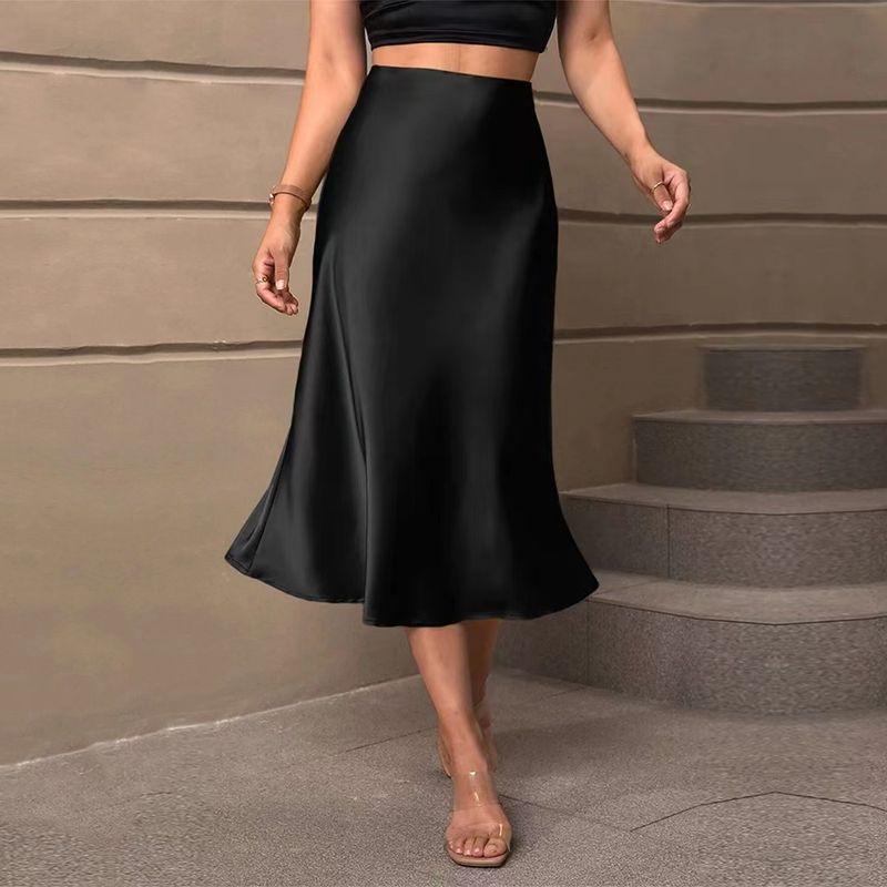 

European and American Satin High Waist Sheath Fishtail Skirt High Waist Wrapped Hip Fishtail Skirt Black M