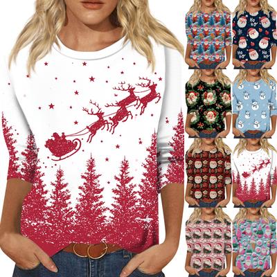 Moda feminina casual gola redonda manga 3/4 solta estampa camiseta feminina top