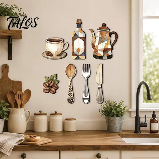 Kitchen Wall Decor 7Pcs Farmhouse Coffee Themed Wooden Decor, 2D Flat Art Theme Plaques, Retro Rustic Ornaments for Home Dining Room Cafe Decoration