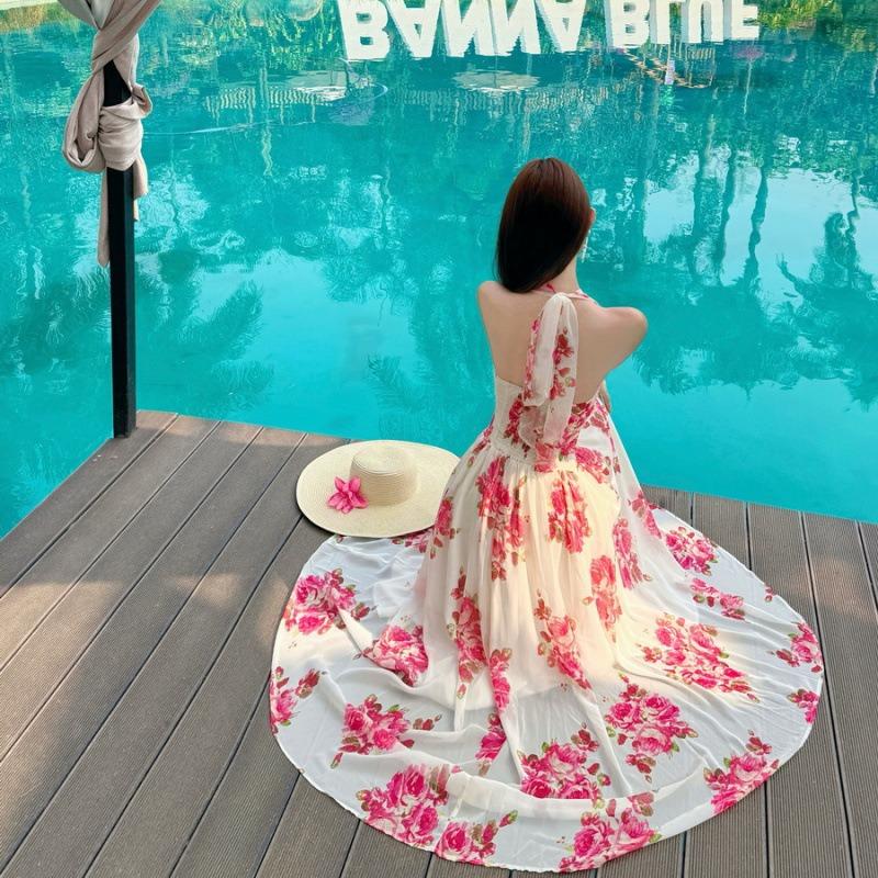 

Neck Backless Printed Chiffon Long Dress Waist Holiday Dress Women S