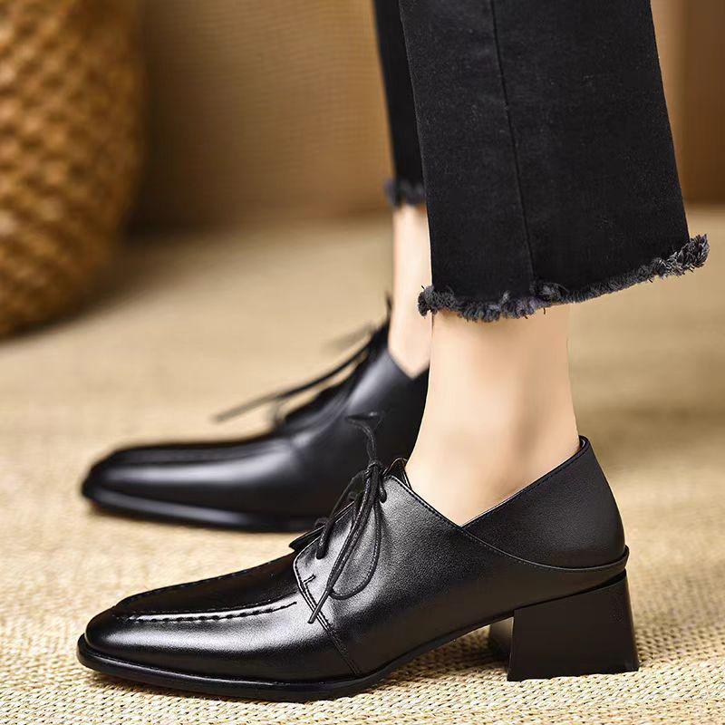 Retro Preppy Mid-Heel Square-Toe Leather Loafers with Deep-Mouth Lace-Up and Kitten Heel for Women