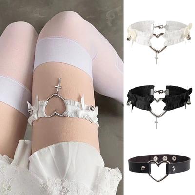 Women Choker Gothic Punk Style Sexy Elastic Bells Cosplay Bondage Lace Heart Bowknot Cross Leg Ring Garter Belt Jewelry for Daily Wear