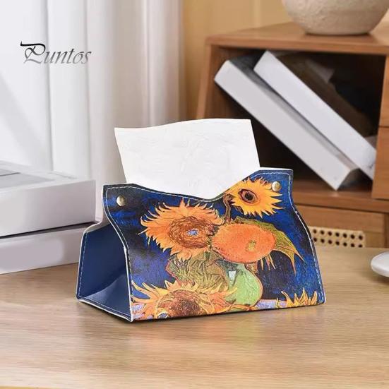 Space Saving Paper Holder PU Leather Tissue Box Cover with Wild Rose/Sunflower Pattern, Foldable Desktop Organizer, Napkin Case, Facial Organizer