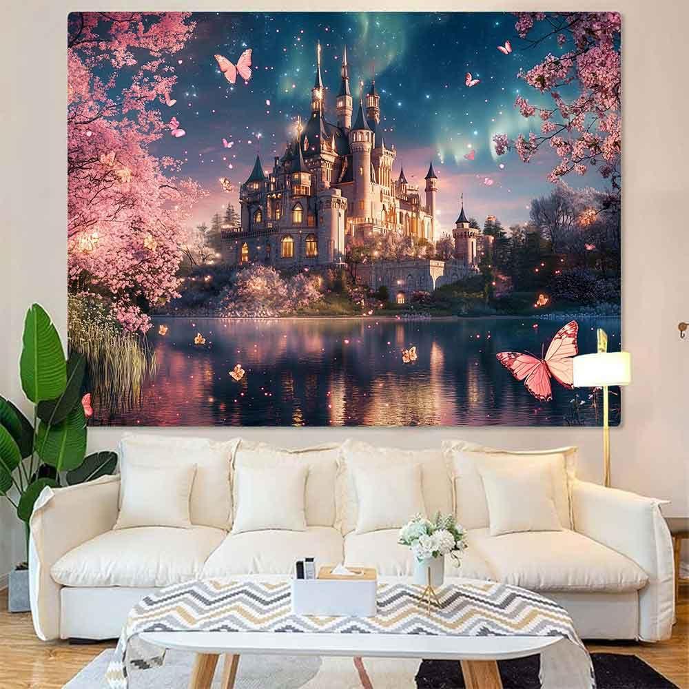 VIKAMA Traumschloss Wandteppich Rosa Kirschblüte Wandbehang für Kinderzimmer Wohnzimmer und Schlafsäle
