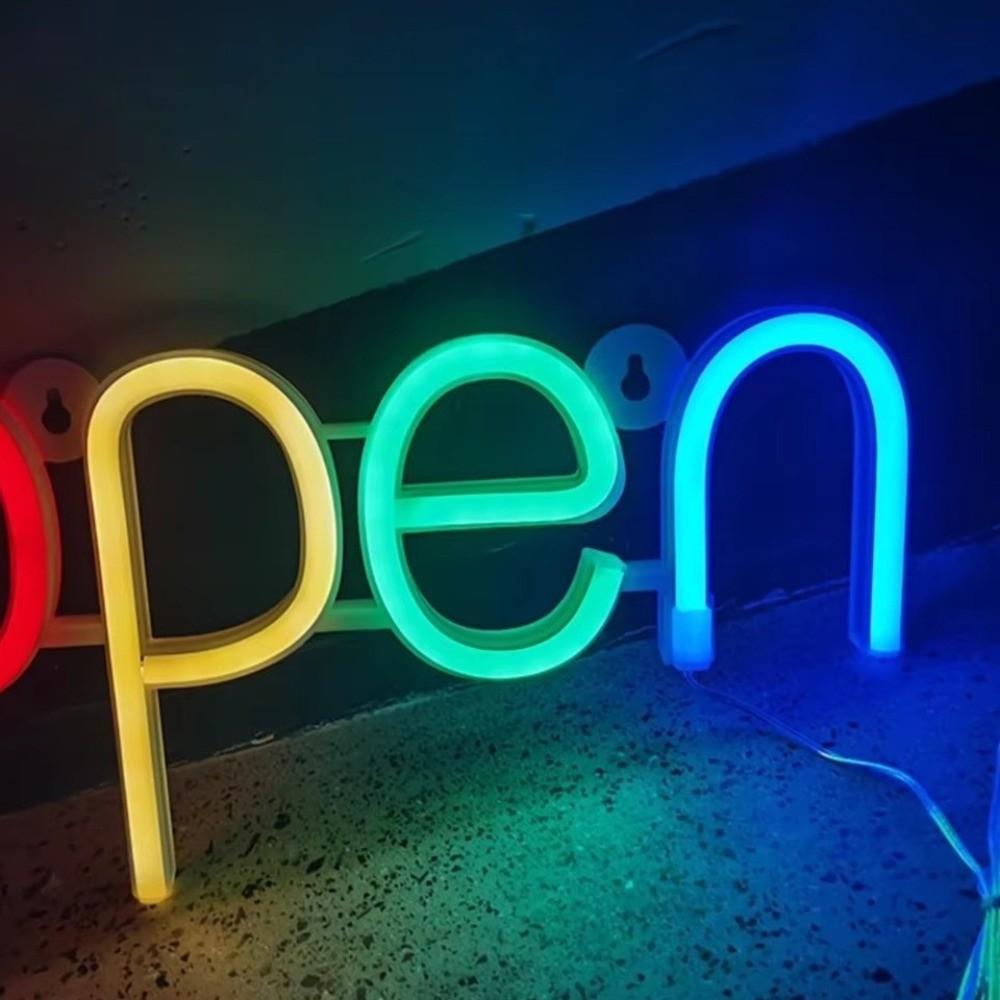 Colorful OPEN Letters Neon Lights USB Port Bright LED Neon Sign Light Energy Efficient Battery Powered Night Lamps Party Holiday