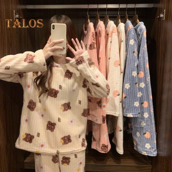 Ensemble de pyjama d'hiver 2 pièces pour femme, col rond, motif ours et pêche, manches longues, polaire corail, vêtements d'intérieur, haut et pantalon, vêtements de détente amples pour femme