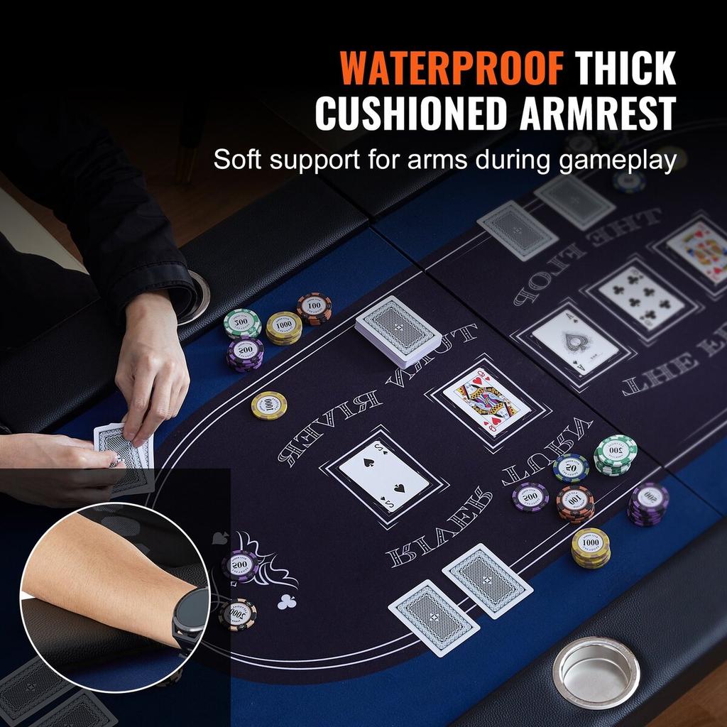 10 Player Foldable Poker Table, Blackjack Texas Holdem Poker Table with Padded Rails and Stainless Steel Cup Holders, Portable Folding Card Board Game