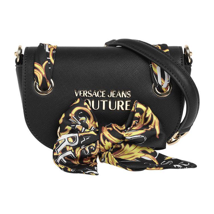 Versace Jeans Couture Logo Print Scarf Tie Flap Leather Saddle Bag Women Shoulder Bag Black 74VA4BAB-ZS467-899