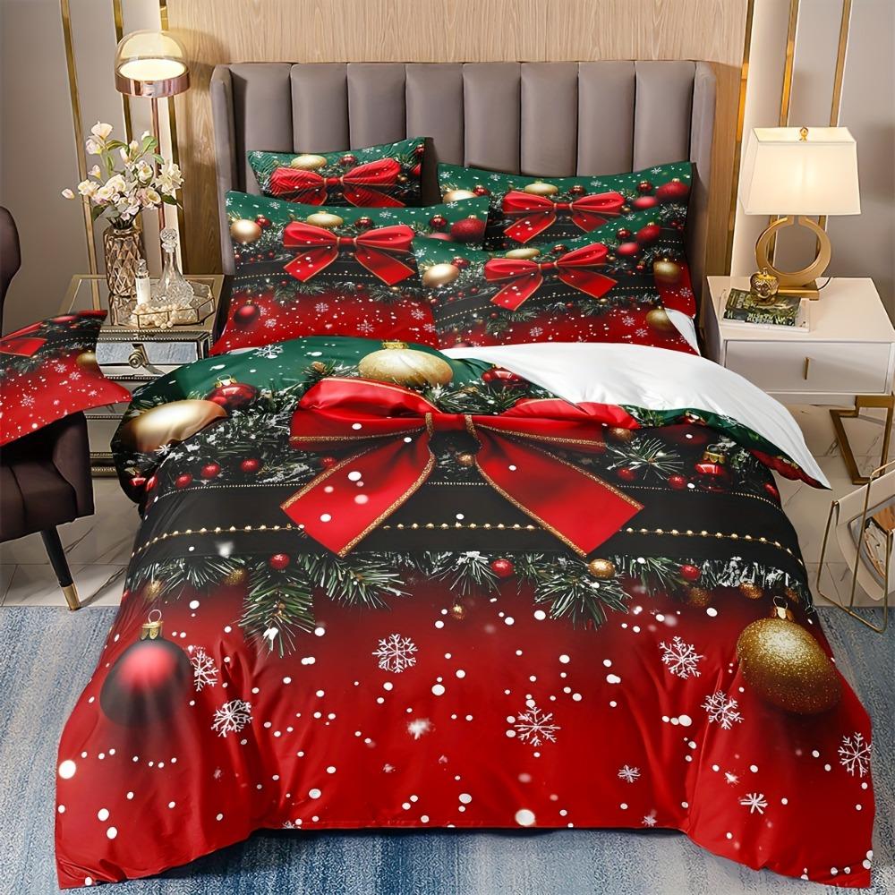 

Christmas Bedding Set Green Red Bow Printed Cozy Duvet Cover King Queen Twin Single Size New Year Christmas Gift Bedroom Decor EU Single 135x200cm