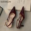 Fashion SUOJIALUN 2025 Summer New Brand Women Sandal Fashion Pointed Toe Shallow Slip On Mules Shoes Thin Med Heel Dress Pumps Shoes