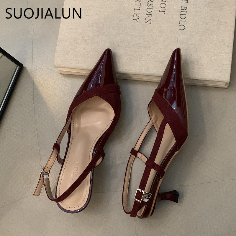 Fashion SUOJIALUN 2025 Summer New Brand Women Sandal Fashion Pointed Toe Shallow Slip On Mules Shoes Thin Med Heel Dress Pumps Shoes