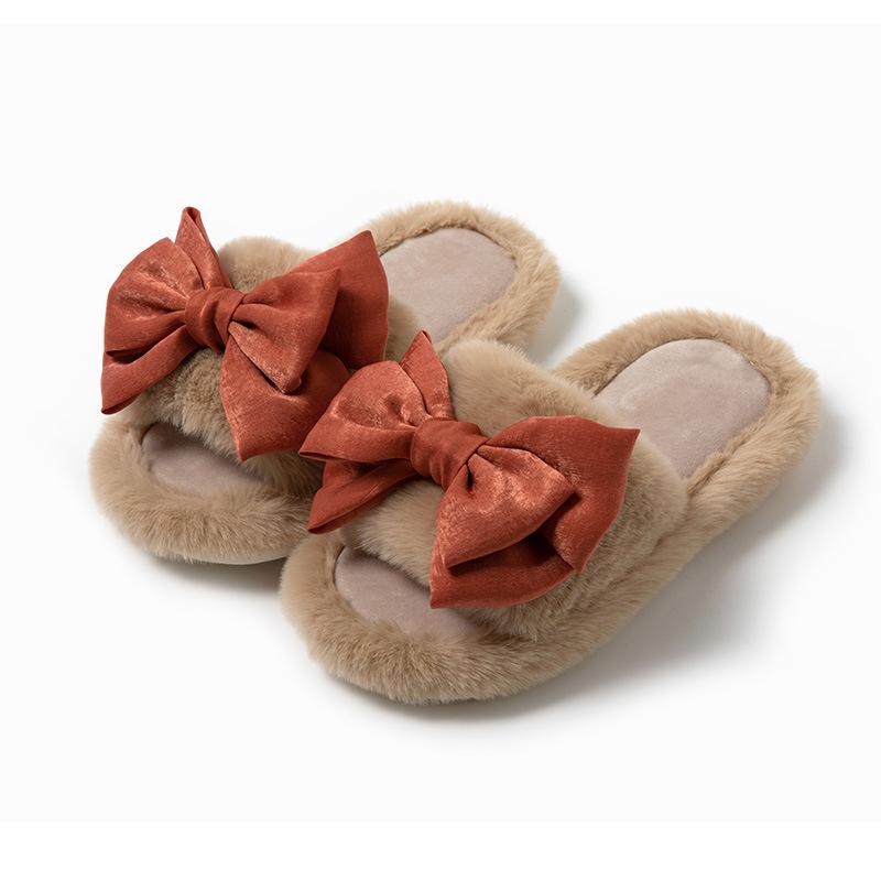 Ins Bow Open Cotton Slippers Winter Home Indoor Household Plush Slippers Warm Plush Slippers