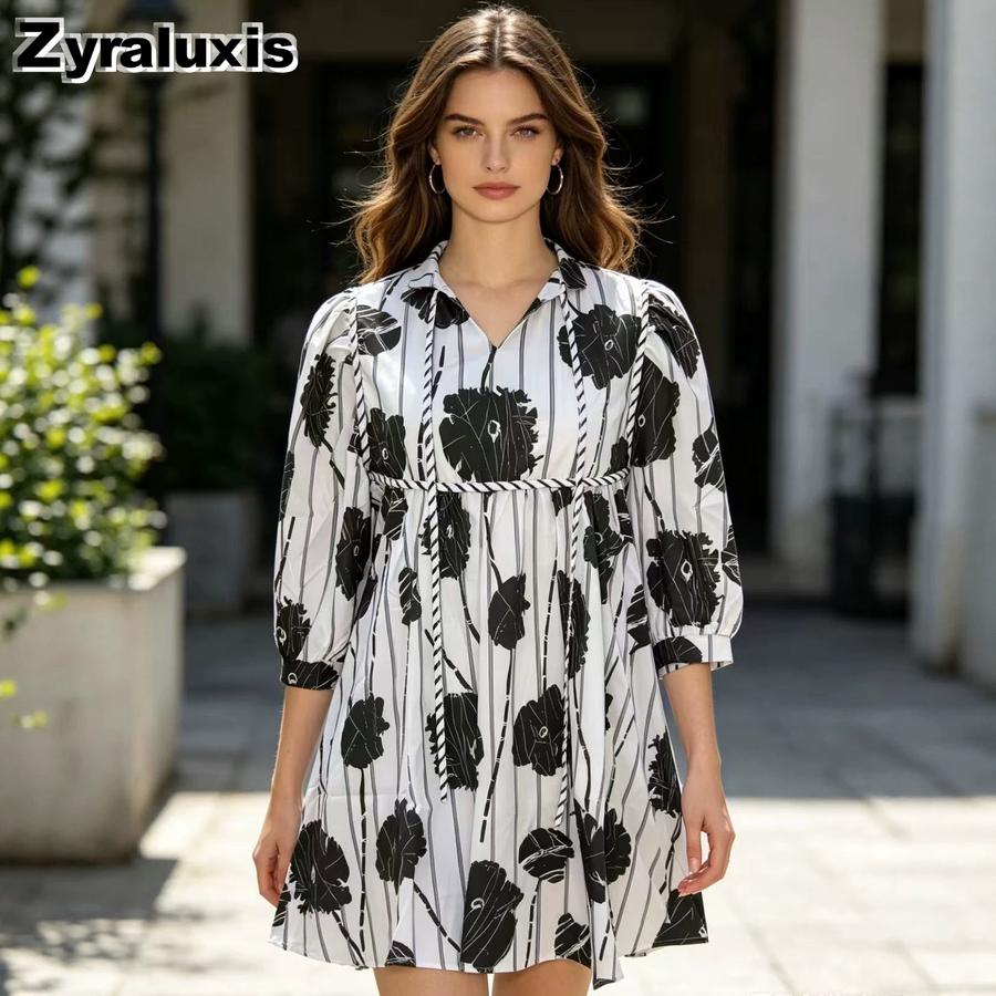 Women s Clothing Floral Print V-Neck Ruffle Sleeve Loose A-Line Mini Dress L