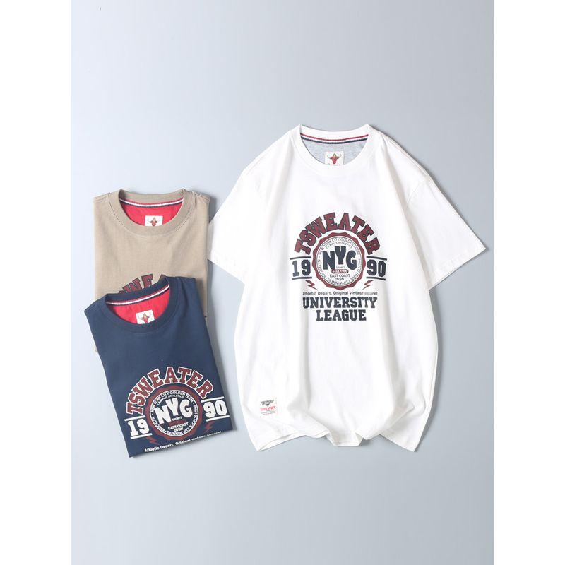 Export Surplus All-Cotton Washed and Brushed Men's Casual Versatile Letter Print Round Neck Short-Sleeve T-Shirt Trendy Base Shirt