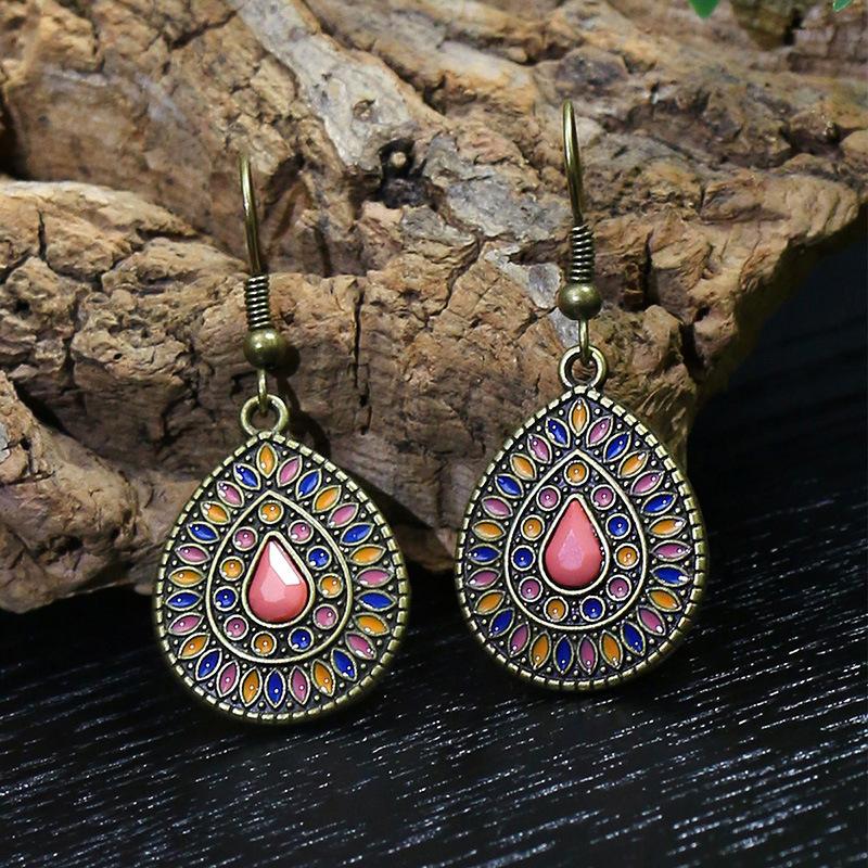 Colorful Ethnic Vintage Round Geometric Flower Drop Dangle Earrings For Women Crystal Enamel Ornament Bohemian Wedding Zircon