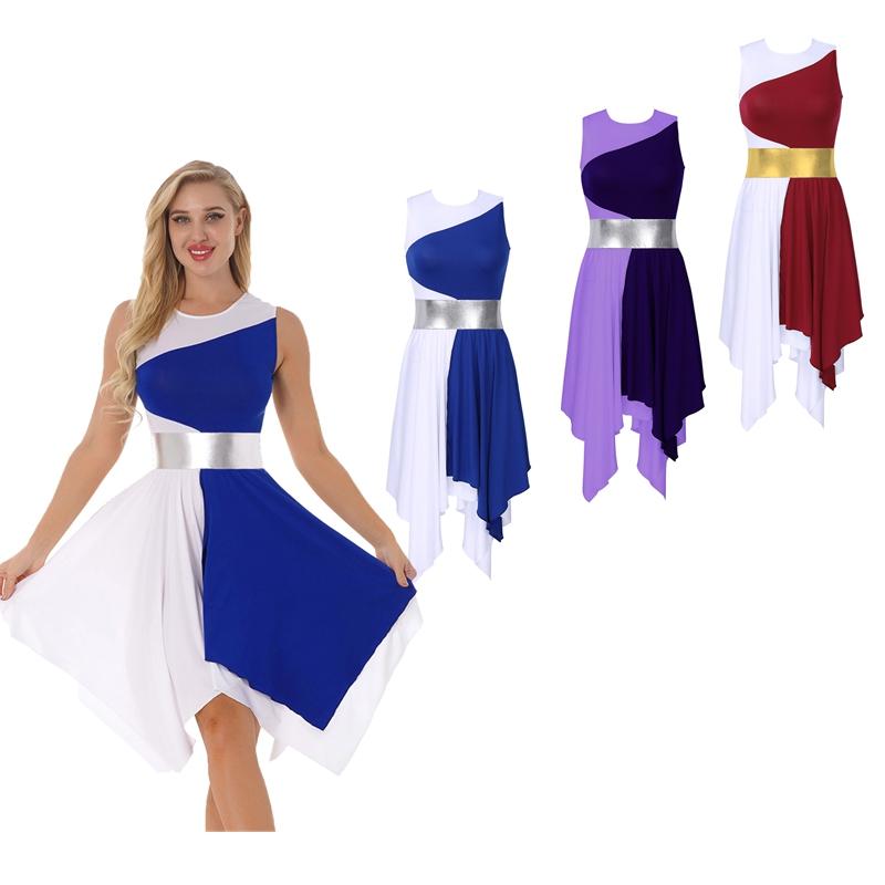 Womens Color Block Dance Dress Sleeveless Round Neck Design Asymmetrical Hem Performance Party Wear