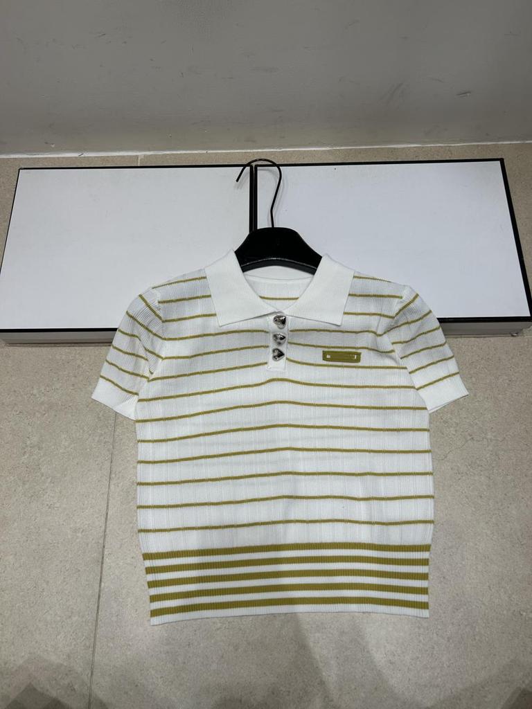 Miu Style High-Quality Summer 2026 Striped Knit Lapel Short Sleeve Loose Casual Top