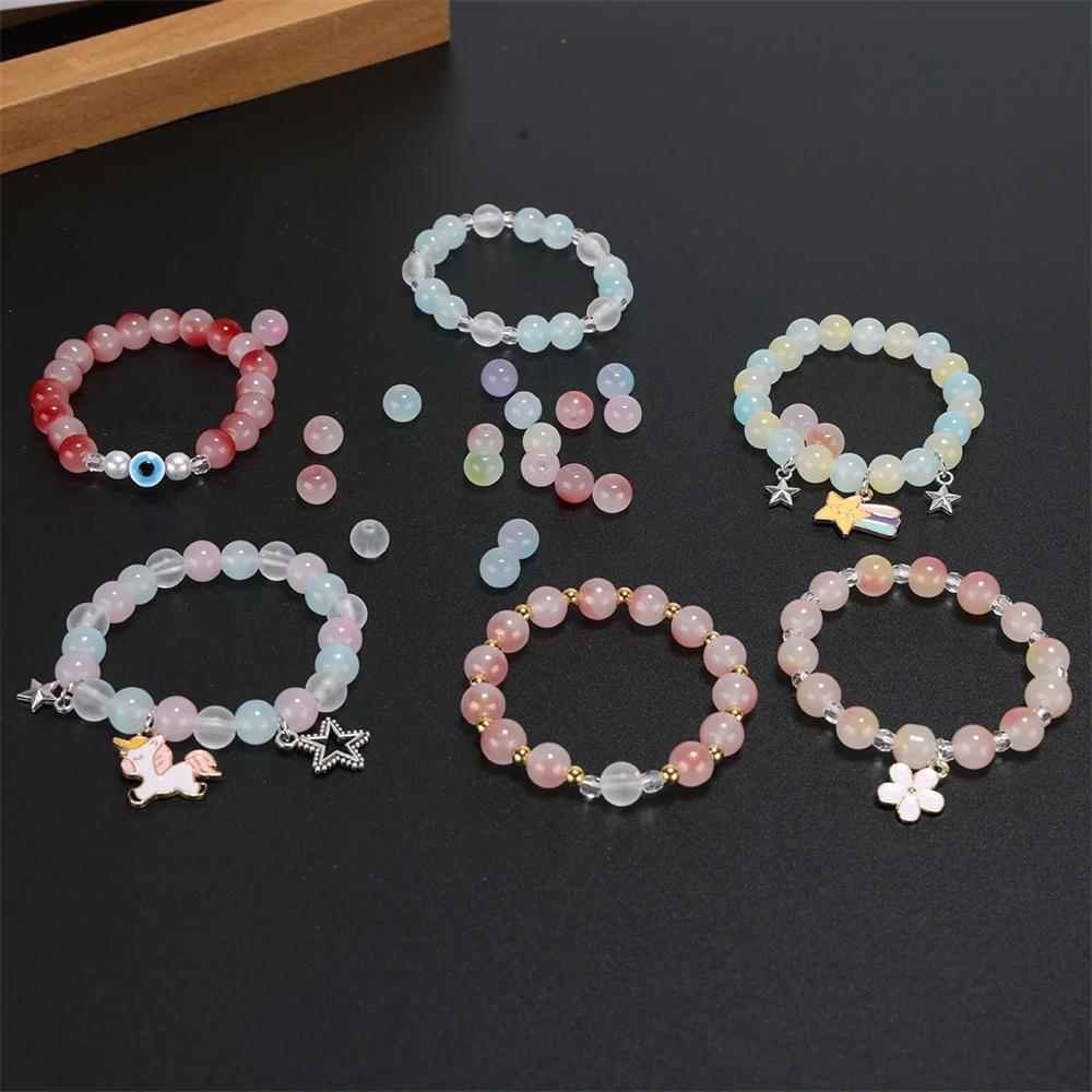 600pcs Double Color Jelly Result Round Glass Beads with Elastic Cord Jewelry Scissors Kits for Bracelet Necklace DIY Jewelry