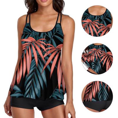 2Pcs/Set U-neck Sleeveless High Waist Lady Swimsuit Flower Leaves Print Top Tummy Control Boyshorts Set for Water Activity