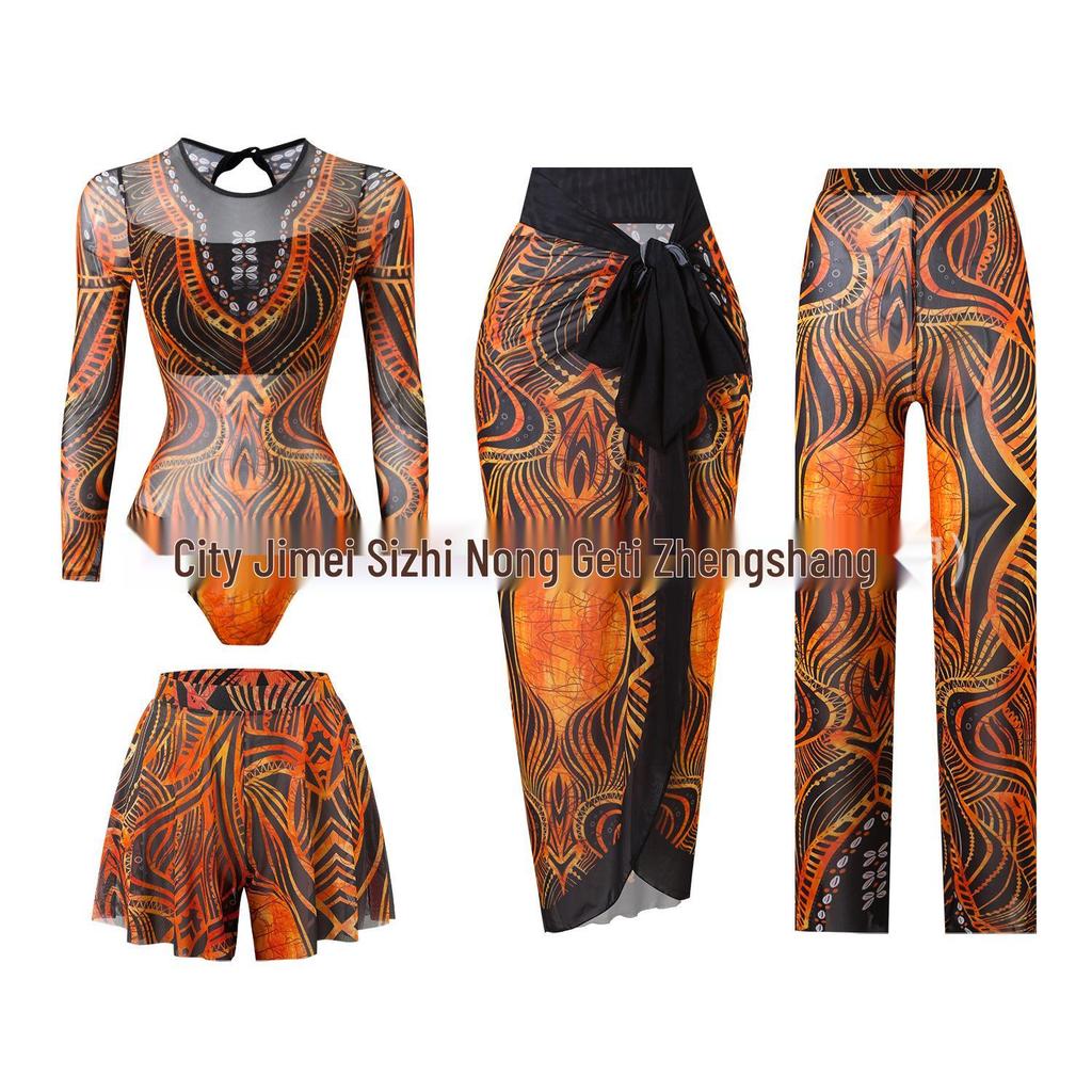 Women's Four-Piece Sun Protection Swimsuit Set with Long-Sleeved Top and Mesh Pants