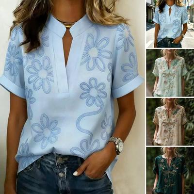 Damenhemd V-Ausschnitt Kurzarm Einfarbig Lockerer Schnitt Pullover Oberteile Stickerei Blumenmuster Sommer Oberteile Täglich
