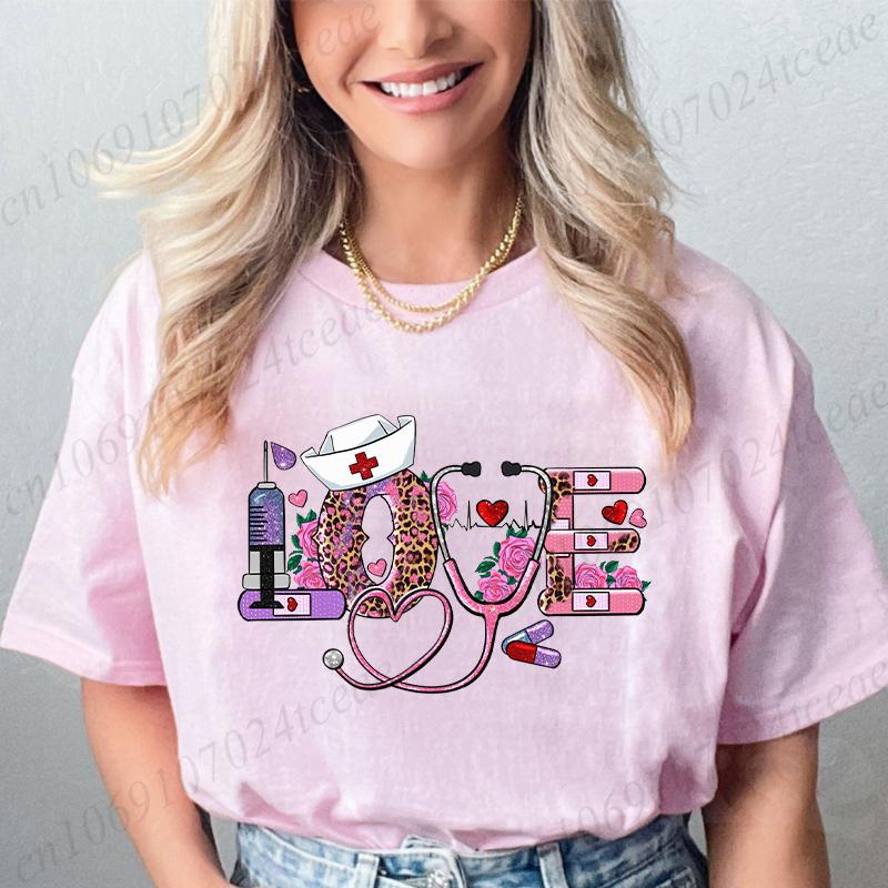 New Women T Shirt Pullover Oversize Valentines Day Love Nurse Print T-Shirt Casual Short Sleeve Women T-Shirt Nurse Tees Gifts