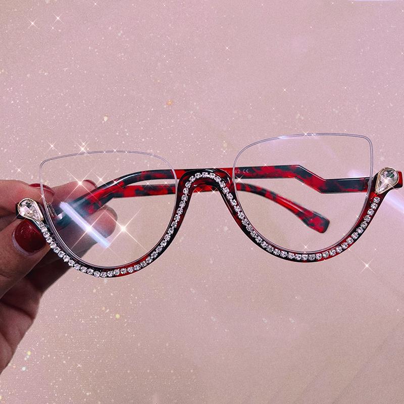 Vintage Half Frame Diamond Anti Blue Light Optical Glasses Frames Brand Designer Women Fashion Cat Eye Computer Eyeglasses
