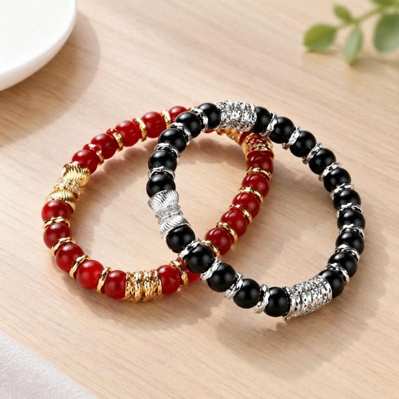 Natural Stone Stretch Bracelet Set, 2 Round Bead Bracelets with Mixed-Tone Spacers for Stacked or Separate Wear