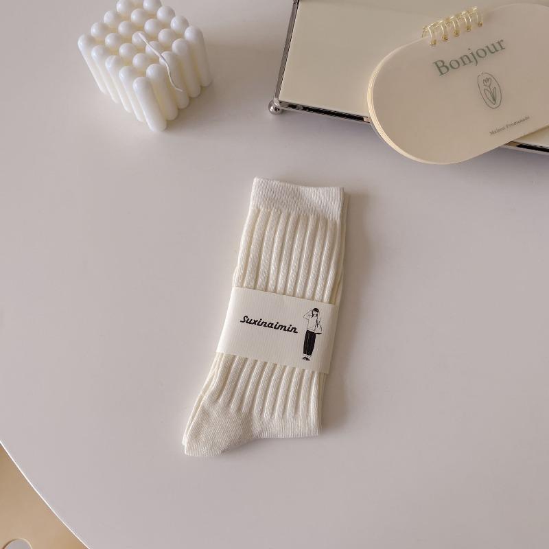 White Pile Pile Socks - Spring and Autumn Fine Combed Cotton Moisture-wicking Ladies' Socks, Trendy Mid-calf Socks, Cream-colored Socks