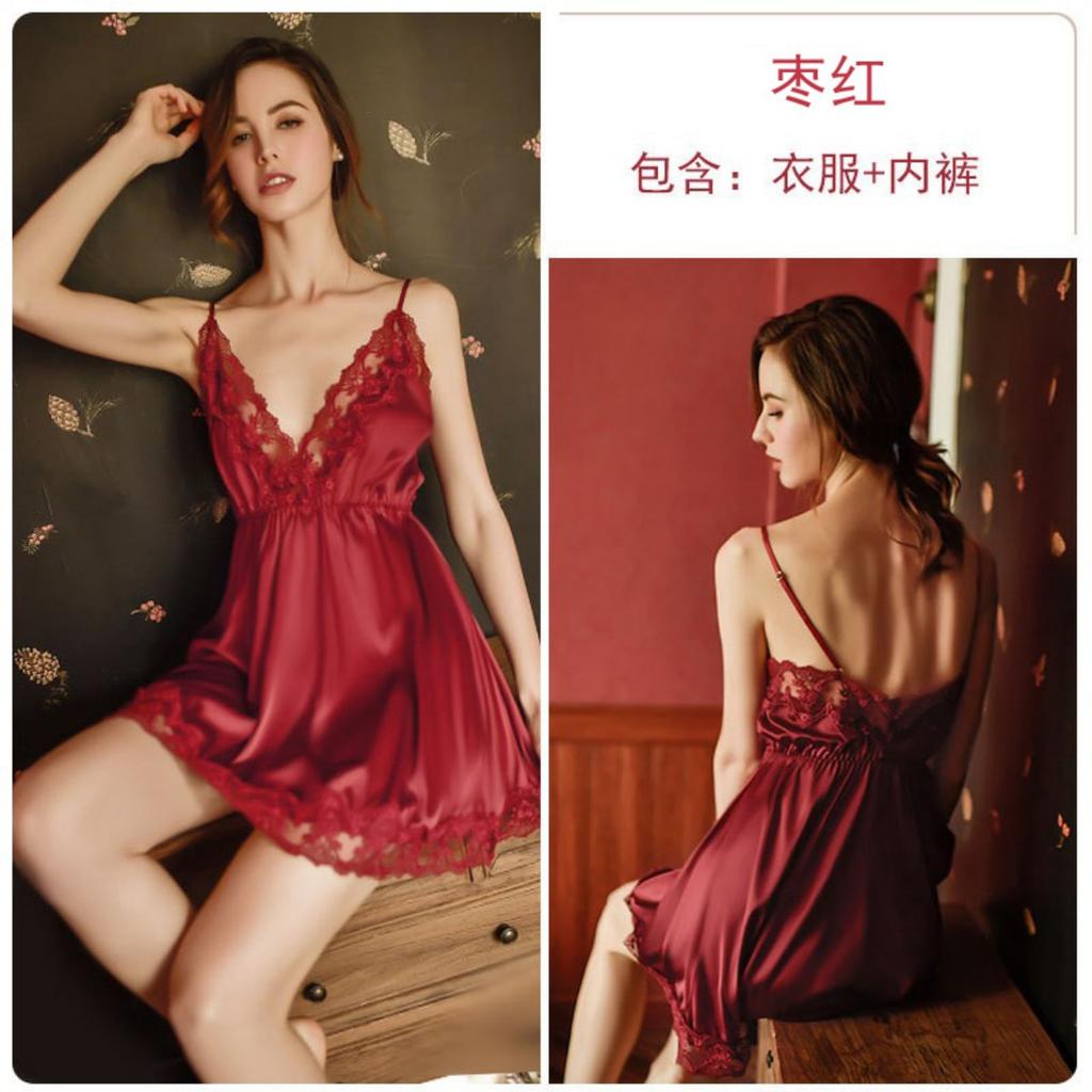 Set sexy de lenjerie de noapte cu bretele, din dantelă transparentă, cu decolteu adânc în V, culoare uni