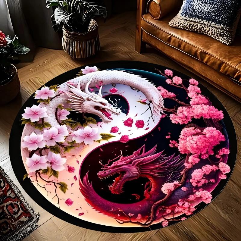 

Yin Yang Dragon Printed Round Carpets for Home Living Room Rug Bedroom Decor Rug Non Slip Washable Flannel Floor Mat 40X40CM