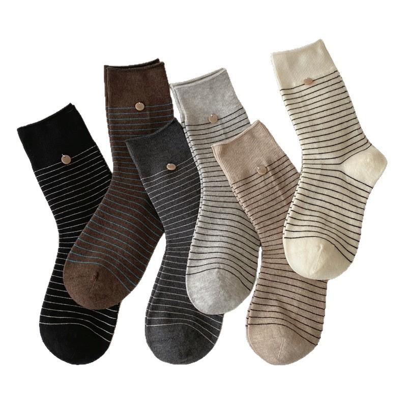 Wool Socks, Resin Buckle Striped Pile Socks, Women's Mid-calf Socks, Thickened for Warmth in Autumn and Winter