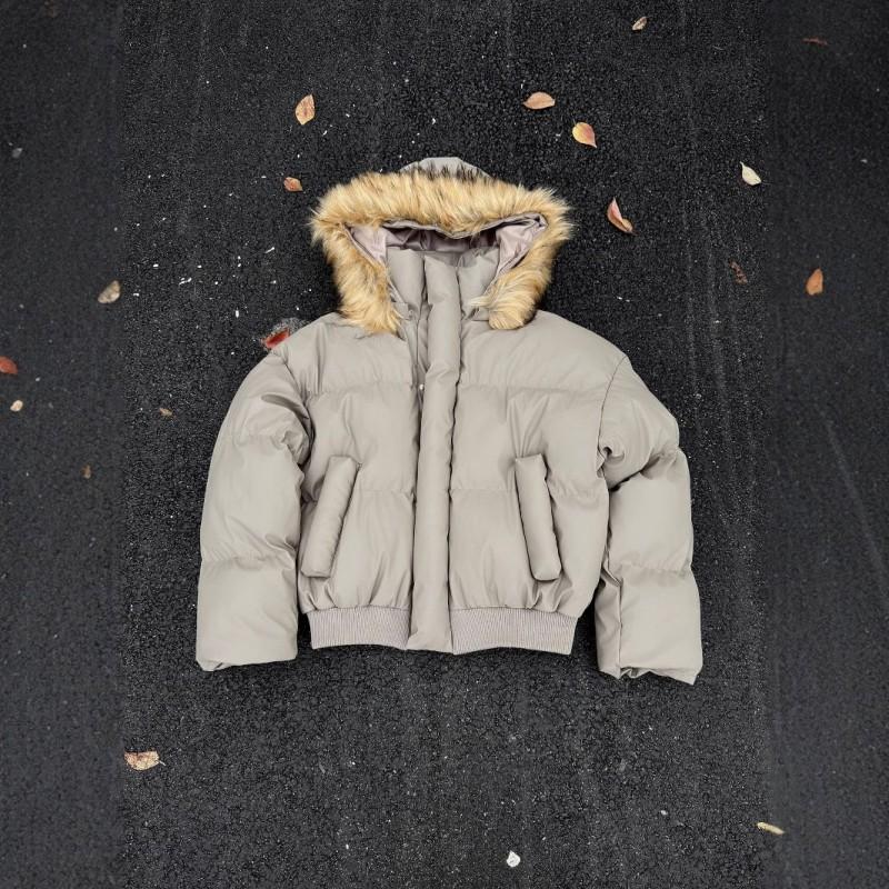 Mens Winter PU Leather Short Cotton Puffer Coat Detachable Hood Casual Loose Couple Style